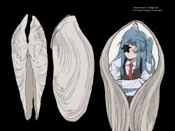  1girl 3he1li angel_wings angela_(project_moon) black_background black_flower black_pants black_vest blue_hair closed_mouth collared_shirt english_text expressionless flower flower_over_eye highres hugging_own_legs knees_up lobotomy_corporation long_hair long_sleeves looking_at_viewer necktie one_eye_covered one_side_up pants parted_bangs project_moon red_necktie shell shirt side_ponytail sidelocks simple_background sitting solo vest white_shirt white_wings wings yellow_eyes 