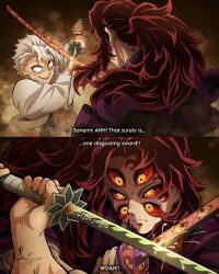  2boys abs arghqueso closed_mouth colored_sclera commentary demon_boy demon_slayer_uniform english_commentary english_text extra_eyes highres holding holding_sword holding_weapon japanese_clothes kimetsu_no_yaiba kimono kokushibou long_hair multiple_boys muscular muscular_male open_mouth purple_kimono red_hair red_sclera scar scar_on_arm scar_on_face shinazugawa_sanemi short_hair sword weapon white_hair yellow_eyes 