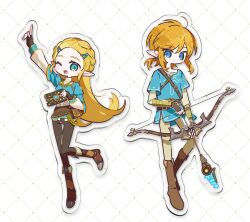  1boy 1girl aqua_eyes arrow_(projectile) black_gloves black_pants blonde_hair blue_eyes blue_shirt blue_tunic boots bow_(weapon) braid breasts brown_boots champion's_tunic_(zelda) commentary crown_braid drawing_arrow earrings fingerless_gloves full_body gloves grey_pants grey_shirt hair_between_eyes hair_ornament hairclip highres holding holding_arrow holding_bow_(weapon) holding_weapon jewelry link long_hair low_ponytail medium_breasts medium_hair one_eye_closed open_mouth pants pointing pointing_up pointy_ears ponytail princess_zelda shirt sidelocks smile the_legend_of_zelda the_legend_of_zelda:_breath_of_the_wild tunic weapon znal_km 