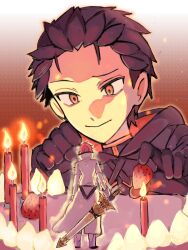  2boys alternate_universe bad_end black_cape black_gloves black_hair cake candle cape chinese_commentary commentary_request food fruit gloves hair_slicked_back highres holding holding_sword holding_weapon knight long_sleeves male_focus mejun233 multiple_boys re:zero_kara_ayamatsu_isekai_seikatsu re:zero_kara_hajimeru_isekai_seikatsu red_hair reinhard_van_astrea scabbard sheath short_hair size_difference strawberry sword weapon 