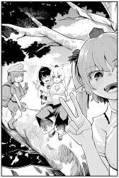  4girls :t absurdres animal_ears backpack bag blush boots bow bowtie closed_eyes closed_mouth collared_shirt commentary_request crossed_arms detached_sleeves gloves greyscale grin hair_bobbles hair_ornament hat highres himekaidou_hatate inubashiri_momiji jewelry kawashiro_nitori key key_necklace korean_commentary looking_at_viewer monochrome multiple_girls necklace open_mouth pom_pom_(clothes) pout puffy_short_sleeves puffy_sleeves shameimaru_aya shirt short_sleeves sitting_on_branch skirt sleeveless sleeveless_shirt smile tail tokin_hat touhou twintails two_side_up v wide_sleeves wolf_ears wolf_girl wolf_tail wwo3302 