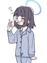  1girl blue_archive brown_hair glasses halo highres koyansuee medium_hair messy_hair millennium_science_school_student_a_(blue_archive) pajamas round_eyewear simple_background sleepy white_background yawning 