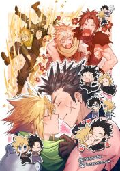  2boys arm_around_shoulder armor black_gloves black_hair blonde_hair brown_gloves cheek-to-cheek cloud_strife commentary_request crisis_core:_final_fantasy_vii cross_scar earrings final_fantasy final_fantasy_vii flower gloves green_scarf heads_together heart jewelry laughing male_focus multiple_boys none_(kameko227) open_mouth red_flower scar scar_on_cheek scar_on_face scarf shinra_infantry_uniform short_hair shoulder_armor sleeveless sleeveless_turtleneck smile spiky_hair stud_earrings sweater turtleneck turtleneck_sweater twitter_username zack_fair 