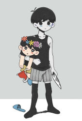  2boys alternate_universe antenna_hair black_eyes black_hair black_shirt black_tank_top black_thighhighs blush bright_pupils brown_shorts closed_mouth collarbone colored_skin commentary_request dual_persona expressionless flag flower flower_wreath grey_shorts head_wreath highres holding holding_flag holding_knife invisible_floor knife looking_at_viewer male_focus multiple_boys omori omori_(omori) parted_lips shirotsume_143 shirt short_hair short_sleeves shorts standing striped_clothes striped_shorts sunny_(omori) t-shirt tank_top thigh-highs vertical-striped_clothes vertical-striped_shorts white_pupils white_skin 