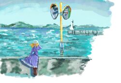  2girls blonde_hair blue_sky boots brown_boots buttons closed_eyes commentary_request dress frilled_dress frills full_body hand_in_own_hair joo_koishi lighthouse long_hair long_sleeves maribel_hearn mirror mountain multiple_girls purple_dress purple_tabard shore sky smile solo_focus standing tabard touhou translation_request umbrella white_dress yakumo_yukari 
