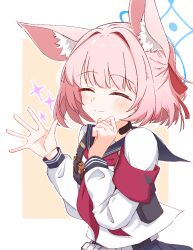  1girl animal_ear_fluff animal_ears armband blue_archive blue_halo blue_sailor_collar border closed_eyes closed_mouth commentary_request fox_ears hair_intakes halo highres momiji_(moj_0404) neckerchief niko_(blue_archive) pink_hair red_armband red_neckerchief sailor_collar school_uniform shirt sidelocks simple_background smile solo sparkle tactical_school_uniform upper_body white_border white_shirt yellow_background 