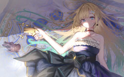  1girl aizawa_ema aizawa_ema_(1st_costume) aqua_hair bare_arms bare_shoulders black_choker black_gloves blonde_hair blue_dress blue_eyes breasts bullet carpet choker commentary_request derringer dress earrings flower gloves gradient_hair gun hair_flower hair_ornament hair_spread_out handgun highres holding holding_gun holding_weapon jewelry kobakoba0_0 lace lace_choker long_hair looking_at_viewer lying multicolored_hair on_back parted_lips partial_commentary solo unworn_gloves virtual_youtuber vspo! weapon 