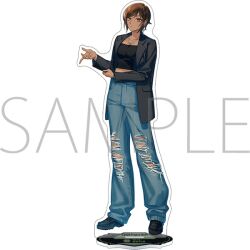  1girl acrylic_stand_(medium) baggy_pants bandeau black_bandeau black_jacket black_shoes blue_pants brown_eyes brown_hair denim full_body jacket jeans limbus_company looking_at_viewer official_art outis_(project_moon) pants project_moon sample_watermark shoes short_hair simple_background solo torn_clothes torn_jeans torn_pants watermark white_background 