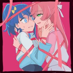  2girls blue_eyes blue_hair bound bow constricted_pupils eye_contact green_eyes hair_bow hair_ribbon highres hikota. hirogaru_sky!_precure hug long_hair looking_at_another multiple_girls nijigaoka_mashiro open_mouth pink_background pink_hair precure ribbon ribbon_bondage scared simple_background smile sora_harewataru sweatdrop upper_body yandere yuri 