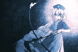  1girl arrow_(projectile) blue_theme bow_(weapon) braid chinese_commentary closed_mouth commentary_request constellation_print cross cross_print dress hat highres holding holding_arrow holding_bow_(weapon) holding_weapon long_hair monochrome nurse_cap print_hat single_braid solo touhou two-tone_dress very_long_hair weapon y_h yagokoro_eirin 