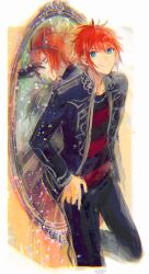 1boy black_gloves black_pants blue_eyes blue_jacket closed_mouth commentary_request different_reflection gakuran gloves jack_jeanne jacket looking_at_viewer makeup male_focus mascara mirror open_clothes open_jacket orimaki_suzu pants profile red_hair red_shirt reflection school_uniform shirt sleepless_king_(jack_jeanne) smile striped_clothes striped_shirt yuhazu_(rhe-rhe) 