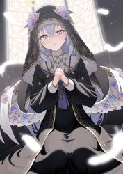  1girl absurdres alternate_costume azusa_(blue_archive) black_dress blue_archive blush commentary_request covered_navel crossed_bangs dress feathered_wings feathers flower gold_trim hair_between_eyes hair_flower hair_ornament halo highres indoors long_hair long_sleeves looking_at_viewer low_wings neckerchief nun nun_headdress parted_lips pink_flower praying purple_flower purple_neckerchief rosary sitting solo sparkle stained_glass tyobis. very_long_hair violet_eyes wariza white_hair white_wings wing_ornament wings yellow_halo 