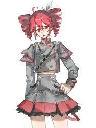  :o aili_(pixiv_114100465) arm_behind_back buttons commentary double-breasted drill_hair grey_jacket grey_skirt hair_between_eyes hand_on_own_hip highres jacket kasane_teto kasane_teto_(sv) looking_at_viewer musical_staff musical_staff_print red_eyes red_hair red_trim ribbon short_hair shoulder_belt shoulder_boards simple_background skirt straight-on striped_clothes striped_jacket synthesizer_v twin_drills white_background white_ribbon 