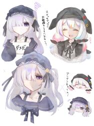  2girls :d ^_^ bare_shoulders beret black_hat black_ribbon blue_dress blue_hairband blush_stickers bow closed_eyes closed_mouth collared_shirt colored_tips commentary_request contrast_collar dress frilled_dress frilled_hairband frills gothic_lolita hair_bow hair_over_one_eye hair_ribbon hairband hat highres holding holding_sketchbook jacket jacket_partially_removed jogasaki_noah lolita_fashion lolita_hairband long_hair long_sleeves mahou_shoujo_no_majo_saiban mokoyukkuri multi-tied_hair multicolored_hair multiple_girls multiple_views natsume_an-an neck_ribbon off-shoulder_dress off_shoulder one_eye_covered open_mouth polka_dot polka_dot_bow ribbon shirt simple_background sketchbook sleeves_past_fingers sleeves_past_wrists smile squiggle streaked_hair translation_request violet_eyes white_background white_hair white_shirt 