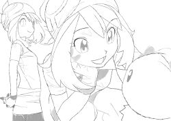  1girl bandana bike_shorts blush_stickers commentary ed0401 gloves greyscale highres may_(pokemon) monochrome open_mouth pokemon pokemon_(creature) pokemon_ruby/sapphire/emerald simple_background smile torchic white_background 