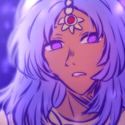  1girl close-up commentary dark-skinned_female dark_skin english_commentary fianna_(fire_emblem) fire_emblem fire_emblem:_fortune's_weave forehead_jewel gem highres jewelry levinfe4iscool long_hair looking_at_viewer no_eyebrows nose open_mouth purple_background purple_hair red_gem shirt solo teeth violet_eyes 