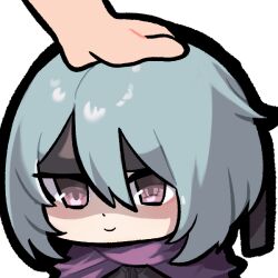  1girl armor beruka_(fire_emblem) black_armor black_headband blue_hair closed_mouth commission commissioner_upload emoticon fire_emblem fire_emblem_fates gliesse82_5 hair_between_eyes hand_on_another's_head headband headpat pink_eyes solo_focus 