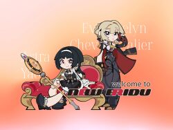  2girls astra_yao astra_yao_(chandelier) black_dress black_hair black_pants black_shoes blonde_hair chest_harness chibi chibi_only commentary_request couch dress elbow_gloves evelyn_chevalier full_body gloves hairband harness headband high-waist_pants highres holding holding_microphone_stand jacket jacket_on_shoulders jewelry long_hair looking_at_viewer microphone_stand multiple_girls necklace necktie official_alternate_costume on_couch pants pearl_necklace shirt shoes single_elbow_glove sitting thigh_beads tight_clothes tight_pants uneven_bangs washan white_hairband white_headband white_shirt yellow_necktie zenless_zone_zero 