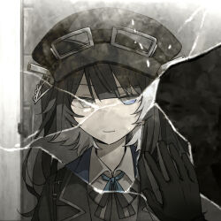  2girls black_choker black_coat black_dress black_hair black_hat black_ribbon blue_suit broken_mirror choker closed_mouth coat collared_dress collared_shirt crack cracked_glass different_reflection dress goggles goggles_on_headwear grey_eyes hair_ornament hand_on_mirror hat kalsept kurobe_honoka kurobe_nanoka long_hair looking_at_viewer mahou_shoujo_no_majo_saiban mirror multicolored_hair multiple_girls neck_ribbon portrait reflection revealing_layer ribbon shirt siblings sisters smile spoilers streaked_hair suit twintails white_shirt 