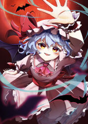  1girl absurdres ascot back_bow bat_(animal) bat_wings blue_hair blush bow collared_shirt commentary_request fang frilled_shirt_collar frilled_skirt frills hat hat_ribbon highres medium_hair mob_cap open_mouth pink_hat pink_shirt pink_skirt puffy_short_sleeves puffy_sleeves red_ascot red_bow red_eyes remilia_scarlet ribbon shirt short_sleeves skin_fang skirt skirt_set smile solo touhou wings yuriri2001 