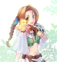  1girl aerith_gainsborough aerith_gainsborough_(sylvan_style) animal_on_shoulder belt bird bird_on_shoulder blue_ribbon braid braided_ponytail breasts brown_belt brown_hair cape cloud_jr. commentary_request crop_top final_fantasy final_fantasy_vii final_fantasy_vii:_ever_crisis flower green_eyes green_shirt hair_ribbon hood hood_down light_blush lily_(flower) long_hair medium_breasts midriff navel official_alternate_costume open_mouth parted_bangs ribbon shirt single_braid skirt smile solo twitter_username upper_body white_cape white_flower white_skirt yahokichi_ma 