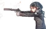  1girl black_eyes black_hair casing_ejection cocked_hammer daito gloves gun long_hair mark_22_hush_puppy original pistol scarf shell_casing smith_&amp;_wesson solo suppressor weapon 