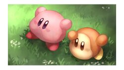  border colored_skin commentary_request full_mouth grass kirby kirby_(series) no_humans orange_skin pink_skin shading_eyes shiburingaru waddle_dee white_border 