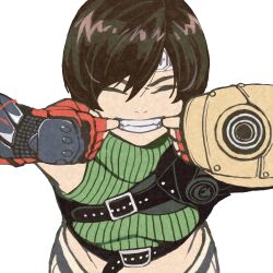  1girl black_hair breasts chest_belt closed_eyes e-kaki final_fantasy final_fantasy_vii final_fantasy_vii_rebirth final_fantasy_vii_remake finger_in_own_mouth fingerless_gloves gloves green_shirt grey_shorts grin hair_between_eyes highres leaning_forward maid_headdress medium_breasts midriff red_gloves ribbed_shirt shirt short_hair shorts single_arm_guard sleeveless sleeveless_turtleneck smile solo teeth turtleneck upper_body white_background yuffie_kisaragi 