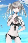  1girl alternate_hairstyle bikini braid breasts cleavage clouds dangan_ronpa glasses navel pekoyama_peko red_eyes shirt_lift silver_hair sky solo super_dangan_ronpa_2 swimsuit veryberry00 