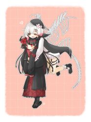  2girls ^_^ armband belt beret black_capelet black_coat black_hair black_hat black_horns black_pantyhose black_shirt black_shoes black_skirt capelet carrying carrying_person center_frills closed_eyes coat collared_coat collared_shirt commentary_request crown extra_eyes extra_horns fang flower flower-trimmed_shorts flower-trimmed_sleeves flying frilled_socks frills fuuri_all gradient_hair grid hair_flower hair_ornament hat hat_flower hat_ribbon highres horns layered_skirt long_hair long_skirt long_sleeves mahou_shoujo_no_majo_saiban mini_crown multicolored_hair multiple_girls necktie nikaido_hiro o-ring o-ring_thigh_strap open_mouth outline overskirt pants pantyhose pink_hair plaid_armband plaid_clothes plaid_necktie plaid_skirt pleated_skirt red_armband red_background red_eyes red_flower red_necktie red_skirt ribbon sakuraba_ema shirt shoes short_hair shorts side_capelet skeletal_wings skirt sleeveless sleeveless_coat sleeves_past_fingers sleeves_past_wrists smile socks spoilers thigh_strap white_background white_flower white_hair white_outline white_pants white_shirt white_shorts white_sleeves white_socks wings witch_(manosaba) x_hair_ornament yuri 