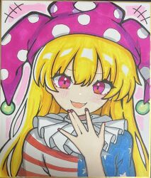  1girl :d \m/ absurdres blonde_hair clownpiece commentary_request hat highres jester_cap kukurukurukuru long_hair neck_ruff open_mouth pink_eyes pink_hat polka_dot_headwear red_nails shikishi smile solo touhou traditional_media upper_body 