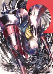 absurdres armor bug colored_sclera escavalier euphythefox glowing glowing_eyes helmet highres lance no_humans plume pokemon pokemon_(creature) pokemon_focus polearm solo weapon yellow_sclera 