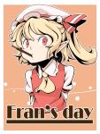  1girl arms_behind_back blonde_hair flandre_scarlet hat hat_ribbon looking_at_viewer necktie pocky pointy_ears pout puffy_sleeves red_eyes ribbon short_hair side_ponytail solo tomo_(touajukou) touhou wings 