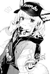  1girl animal_ears arknights baseball_cap braid cellphone collarbone commentary_request cross cross_necklace dated dutch_angle earphones earphones earphones_removed fanny_pack fox_ears fox_girl fox_tail greyscale hand_up hat highres holding holding_earphones holding_phone hood hood_down jacket jacket_over_hoodie jewelry listening_to_music long_sleeves looking_at_viewer medium_hair monochrome narucchii necklace notice_lines open_clothes open_jacket phone signature simple_background single_braid single_earphone_removed smartphone smile solo sussurro_(arknights) sussurro_(travel_freely)_(arknights) tail white_background 