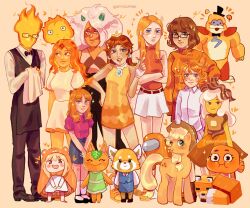  1other 3boys 6+girls adventure_time aggressive_retsuko ahoge animal_crossing animatronic applejack artist_name bear_boy blue_eyes bow bowtie breakfast_princess brown_hair candace_flynn cat_girl character_request color_connection colored_skin commentary copyright_request cowboy_hat crewmate_(among_us) crossover darwin_watterson doma_umaru elemental_(creature) elizabeth_afton emma_(yakusoku_no_neverland) fire fire_elemental fish_boy five_nights_at_freddy's five_nights_at_freddy's:_security_breach flame_princess fox fox_(minecraft) furry furry_female gem_(steven_universe) gem_on_head glamrock_freddy glasses green_eyes grillby hat highres himouto!_umaru-chan jasper_(steven_universe) jasper_(uncorrupted)_(steven_universe) komaru_(himouto!_umaru-chan) long_hair minecraft multiple_crossover multiple_girls my_little_pony my_little_pony:_friendship_is_magic myyoupink nose_jewel orange_(among_us) orange_background orange_fur orange_hair orange_skin orange_sweater orange_theme phineas_and_ferb pony_(animal) princess_daisy red_panda red_shirt retsuko shirt short_hair simple_background steven_universe steven_universe_future striped_skin super_mario_bros. sweater tan tangy_(animal_crossing) the_amazing_world_of_gumball twitter_username undertale untranslatable_commentary utdr_(toby_fox) velma_dinkley white_hair white_shirt yakusoku_no_neverland 