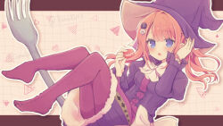  1girl :o black_flower black_hat black_jacket black_skirt blue_eyes blunt_bangs blush bow bowtie bracelet commentary_request commission da_capo da_capo_v floating_hair flower food fork frilled_sleeves frills full_body fur-trimmed_skirt fur_trim hair_flower hair_ornament hands_up hat highres holding holding_food jacket jewelry juliet_sleeves knees_together_feet_apart knees_up konoquro legs letterboxed long_hair long_sleeves looking_at_viewer macaron miniskirt no_shoes open_clothes open_jacket open_mouth orange_hair outline oversized_fork pantyhose pleated_skirt puffy_sleeves red_pantyhose red_shirt shirakawa_akari_(da_capo) shirt simple_background single_hair_intake sitting skeb_commission skirt solo twintails white_background white_bow white_bowtie white_flower white_outline witch witch_hat 