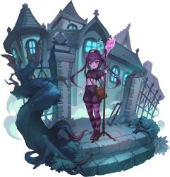  1girl bare_tree black_hat black_shirt black_shoes breasts chrome_(mon-musu_quest!) colored_skin crop_top cross demon_girl fence fog foliage full_body gloves glowing_windows hacksaw hat holding holding_iv_stand holding_syringe horns intravenous_drip iron_fence iv_stand long_hair mansion mon-musu_quest! monster_musume_td moss navel nurse_cap official_art open_mouth outdoors pink_skin pink_thighhighs pondel puffy_short_sleeves puffy_shorts puffy_sleeves purple_hair purple_horns purple_thighhighs red_cross rubber_gloves saw shirt shoes short_sleeves shorts small_breasts smile solo stairs standing stone_pillar stone_stairs striped_clothes suspender_shorts suspenders syringe thigh-highs third-party_source transparent_background tree twintails very_long_hair violet_eyes 