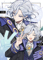  1boy absurdres ahoge ascot black_jacket black_vest blue_gem blue_scarf border bright_pupils buttons cape closed_eyes closed_mouth collared_jacket collared_shirt commentary constellation_print english_text floating_hair four-pointed_star gem genshin_impact grey_hair hair_between_eyes hand_up happy high_collar highres jacket jewelry lapels long_sleeves looking_to_the_side magic male_focus mitya_(genshin_impact) multiple_views open_clothes open_jacket open_mouth outside_border pendant purple_cape purple_jacket scarf serious shirt short_hair simple_background smile star_(symbol) two-sided_fabric two-sided_jacket upper_body v vest violet_eyes wavy_hair white_ascot white_background white_border white_pupils white_shirt wide_sleeves yellow_gem yui_(linaw-key08) 