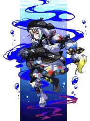  1girl air_bubble asymmetrical_footwear beret black_hat black_jacket black_pantyhose black_shoes blue_bow border bow bubble closed_eyes collared_shirt colored_tips commentary_request footwear_bow full_body green_bow hair_bow hat jacket jacket_partially_removed jogasaki_noah long_hair long_sleeves mahou_shoujo_no_majo_saiban mismatched_footwear multi-tied_hair multicolored_hair nzsh off_shoulder pantyhose polka_dot polka_dot_bow polka_dot_skirt red_bow ribbon shirt shoes skirt solo streaked_hair white_border white_hair white_shirt white_shoes yellow_bow 