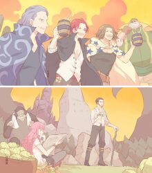  1girl 5boys ^_^ benn_beckman black_hair black_pants blunt_bangs brown_hair chinese_commentary closed_eyes commentary_request cup dracule_mihawk gorilla grey_hair highres holding holding_cup humandrill lucky_roux mandel multiple_boys one_piece outdoors pants perona pink_hair red_hair shanks_(one_piece) sitting smile yasopp 