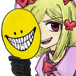 1girl beret blonde_hair bow butterfly_brooch dress elbow_gloves emoji gem gloves hair_ornament hat holding holding_mask jewelry lambdadelta looking_at_viewer mask necklace open_mouth pearl pink_frills pink_hat puffy_sleeves red_bow red_eyes short_hair smile solo umineko_no_naku_koro_ni verity_(thatmob)