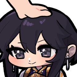  1girl armor black_eyes black_hair blush closed_mouth commission commissioner_upload earrings emoticon fire_emblem fire_emblem:_genealogy_of_the_holy_war gliesse82_5 hair_between_eyes hand_on_another's_head headpat jewelry larcei_(fire_emblem) shoulder_armor sidelocks solo_focus 
