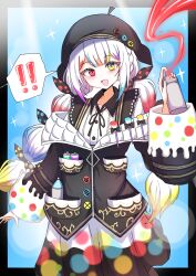  ! 1girl :d absurdres beret black_border black_hat black_jacket blue_background border bow collared_shirt colored_tips commentary_request contrast_collar cowboy_shot hair_bow hat heterochromia highres holding holding_spray_can jacket jacket_partially_removed jogasaki_noah kohakobe_rikke long_hair long_sleeves looking_at_viewer mahou_shoujo_no_majo_saiban multi-tied_hair multicolored_eyes multicolored_hair neck_ribbon off_shoulder open_mouth paintbrush polka_dot polka_dot_bow polka_dot_skirt red_eyes ribbon shirt skirt smile solo spoken_exclamation_mark spray_can streaked_hair white_hair white_shirt yellow_eyes 