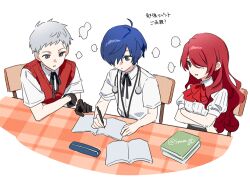  1girl 2boys black_gloves blue_eyes blue_hair book bow bowtie chair commentary_request crossed_arms earphones_removed gekkoukan_high_school_uniform gloves grey_eyes grey_hair kirijou_mitsuru long_hair multiple_boys neck_ribbon open_book persona persona_3 puffy_short_sleeves puffy_sleeves red_bow red_bowtie red_eyes red_hair red_sweater_vest ribbon sanada_akihiko school_uniform shirt short_hair short_sleeves simple_background sitting sweater_vest table tooru_(jux) translation_request twitter_username upper_body white_shirt writing yuuki_makoto_(persona_3) 