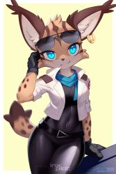  1girl adjusting_eyewear ancesra animal_ears animal_nose black_bodysuit black_gloves blue_eyes blue_scarf body_fur bodysuit border breasts brown_fur cat_ears cat_girl closed_mouth ear_tufts earrings furry furry_female gloves grey_bodysuit highres jacket jewelry looking_at_viewer miyu_lynx multicolored_bodysuit scarf simple_background small_breasts smile solo star_fox star_fox_2 sunglasses tail two-tone_bodysuit white_border white_jacket yellow_background 
