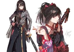  1girl alternate_costume cigarette fashion glasses holding holding_cigarette holding_sword holding_weapon katana limbus_company long_hair project_moon red_eyes ryoshu_(project_moon) short_hair sword weapon white_background wisdom79165 