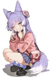  1girl ahoge animal_ears bag black_shoes blue_skirt closed_mouth commentary cone_hair_bun double_bun double_v fluffy_tail food_print fox_ears fox_girl fox_tail fruit_print full_body hair_bun hair_ears hair_intakes hair_ornament hair_rings highres inari_(tenko_shibuki) long_hair long_sleeves looking_at_viewer miniskirt multicolored_hair one_eye_closed pink_ribbon pink_shirt pom_pom_(clothes) pom_pom_hair_ornament purple_hair purple_socks purple_tail reda_(redapainting08) ribbon shirt shoes shoulder_bag simple_background skirt socks solo squatting stellive strawberry_print streaked_hair striped_clothes striped_socks tail tenko_shibuki two-tone_tail untranslatable_commentary v very_long_hair virtual_youtuber white_background white_socks white_streaks white_tail wrist_ribbon yellow_eyes 