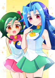  2girls arm_behind_back blue_hair blush closed_mouth finger_to_own_chin green_hair green_skirt hair_bun highres kamishiro_rio long_hair looking_at_viewer mizuki_kotori_(yu-gi-oh!) multicolored_hair multiple_girls open_mouth pink_skirt red_eyes s_ebi shirt short_hair skirt sleeveless sleeveless_shirt two-tone_hair white_shirt yu-gi-oh! yu-gi-oh!_zexal 