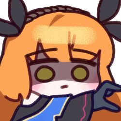  1girl arknights black_bow bow brown_hairband chibi hair_bow hairband heart heart_hands ishmael_(project_moon) limbus_company long_hair orange_hair project_moon shaded_face sidelocks simple_background solo tidal_elegy_(e.g.o) tu1na very_long_hair white_background 