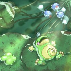  blue_skin closed_eyes colored_skin commentary_request frog green_skin lily_pad lowres no_humans open_mouth pokemon pokemon_(creature) pokemon_focus politoed poliwag sleeping tail water yellowdog1000 